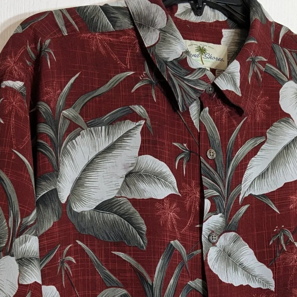 ISLAND SHORES Burgundy Floral Tropical Short Sleeve Button Shirt; Size XL